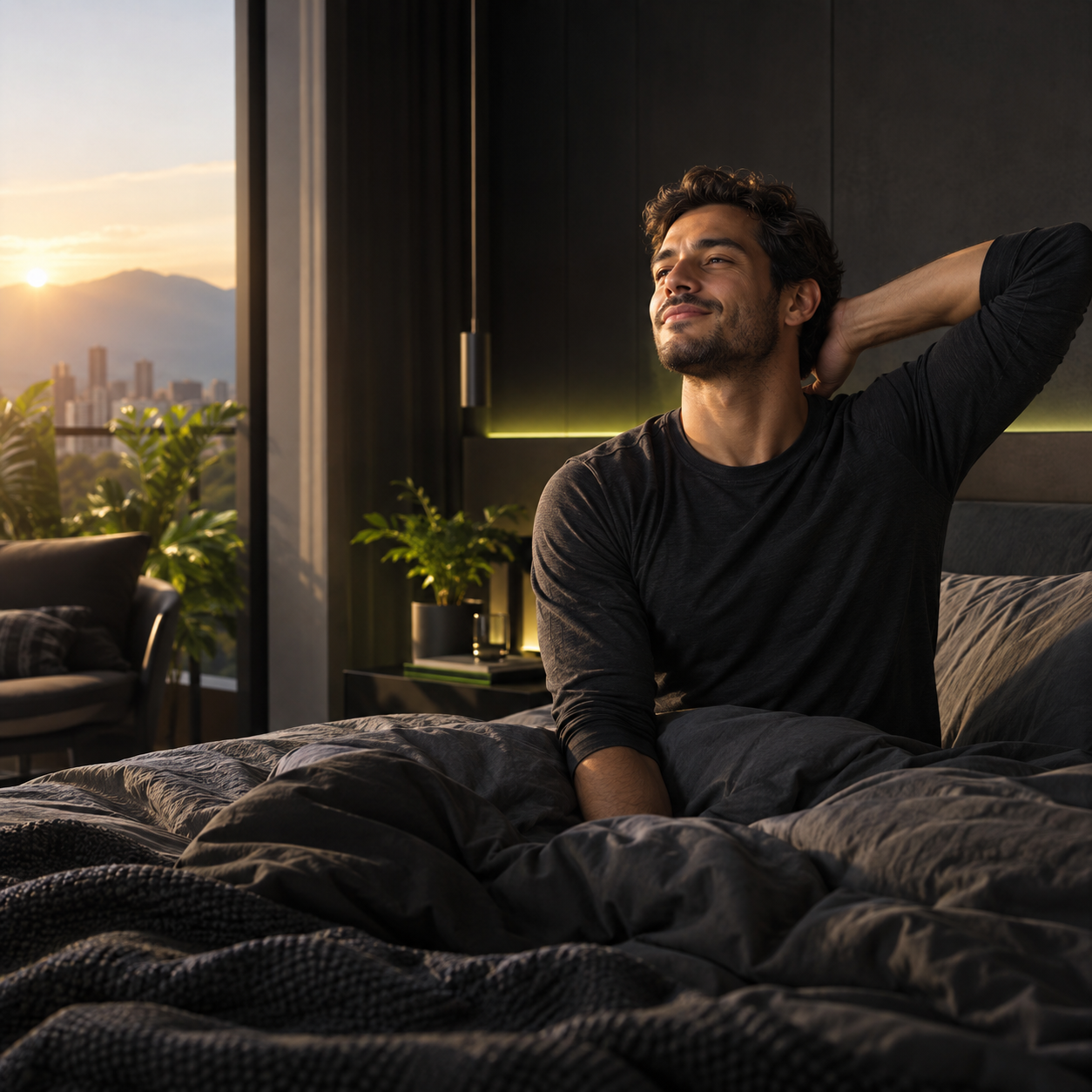 Hombre colombiano despertando descansado al amanecer